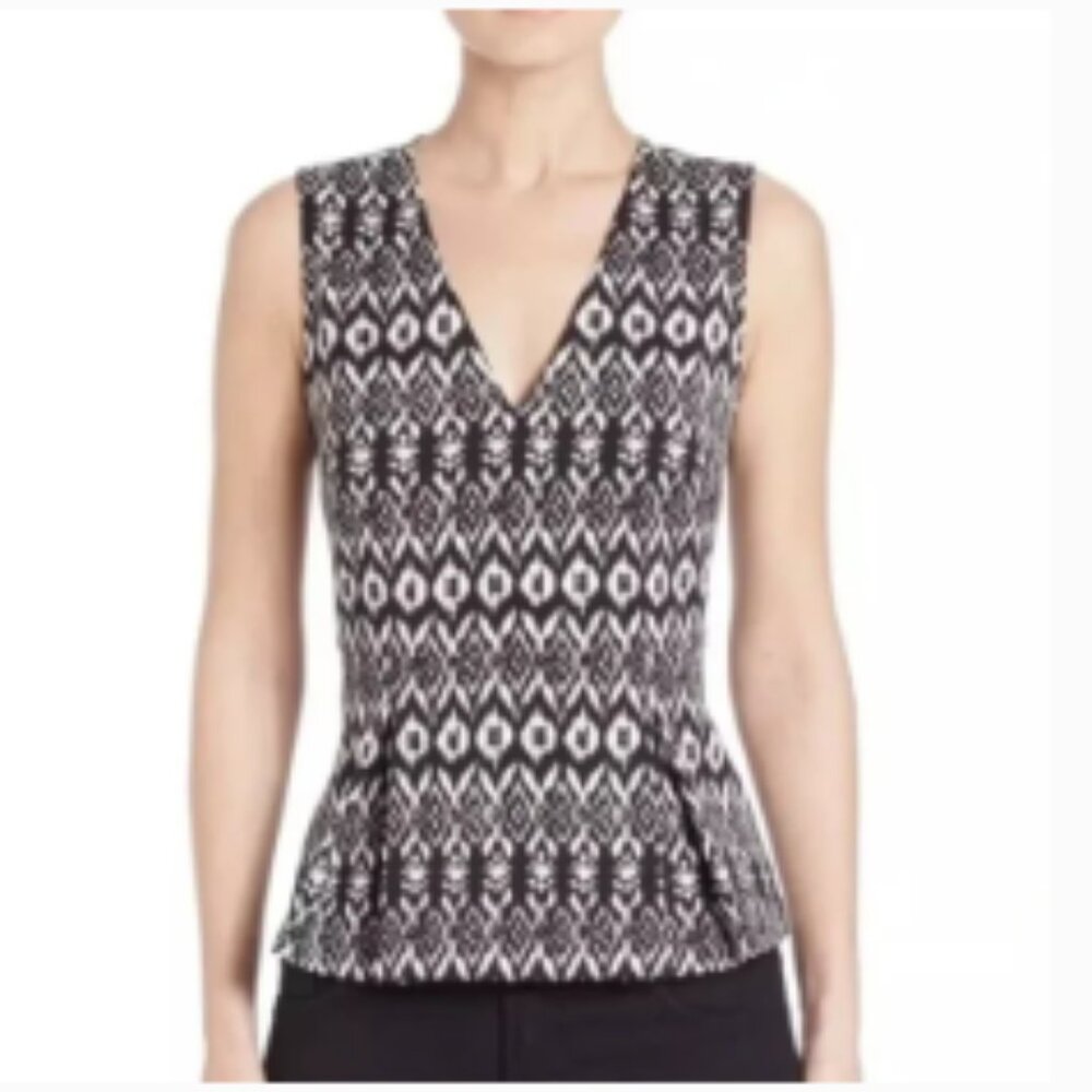 DVF Diane Von Furstenberg Top Women's 12 Black-White‎ Ailey Peplum Sleeveless
